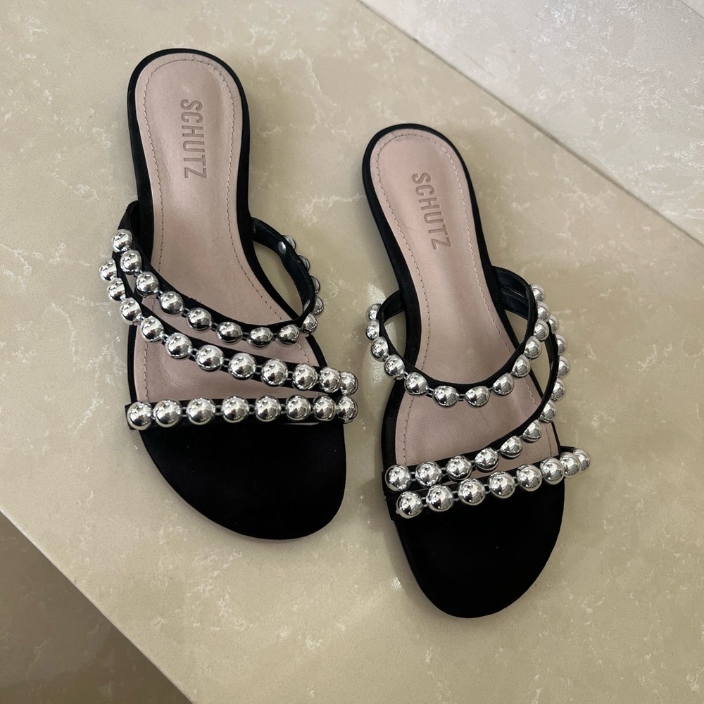 Schutz Aurelia Black Studded Strappy Sandals Size 7.5
